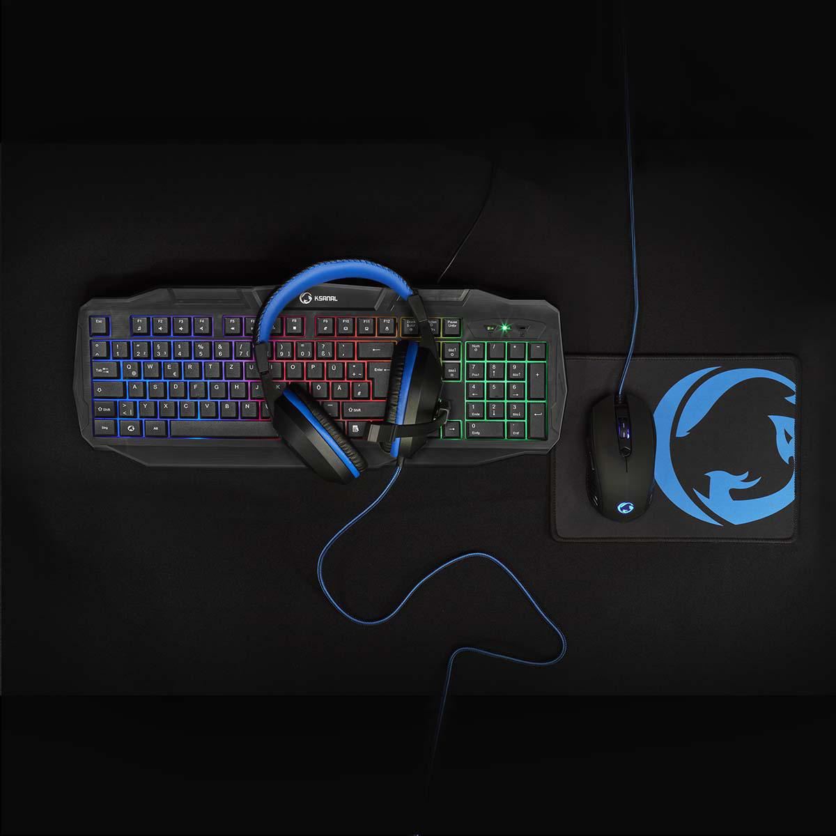 Nedis Gaming Combo Kit | 4-in-1 | Keyboard, Headset, Mouse and Mouse Pad | Black / Blue | QWERTZ | DE Layout