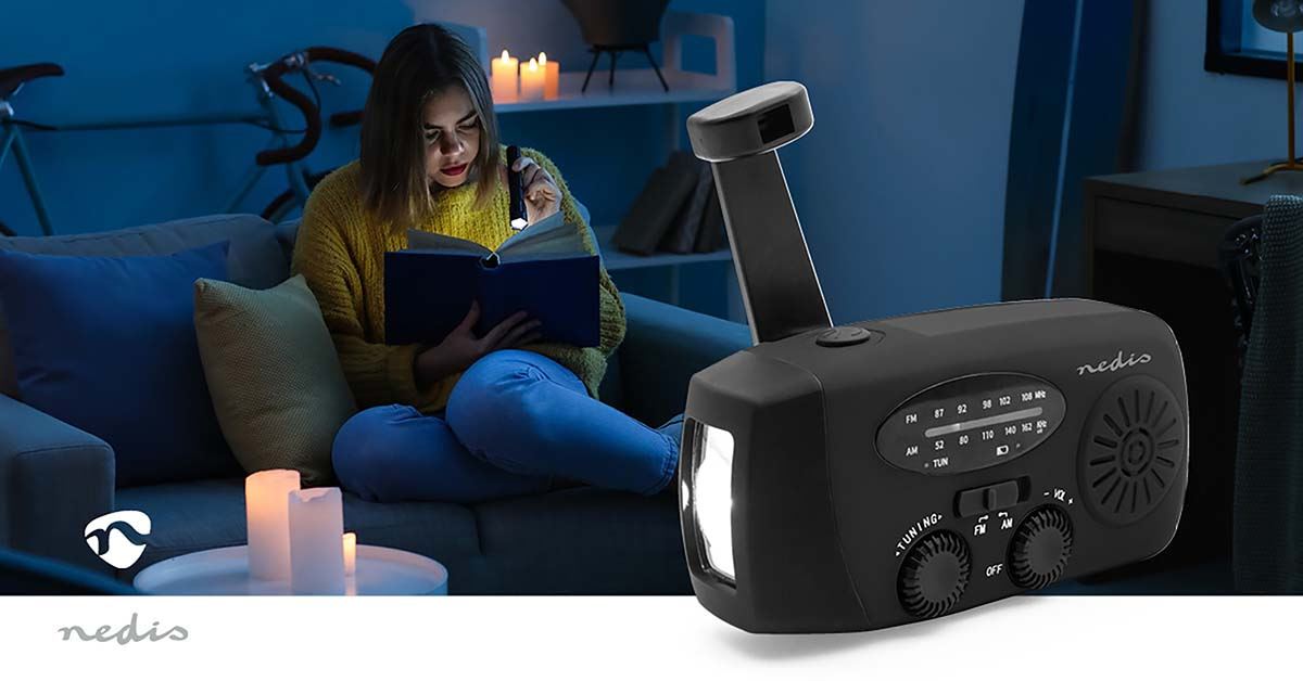 Nedis Emergency Radio | Table Design | AM / FM | Powerbank function | Battery Powered / Hand Crank / USB Powered | Black