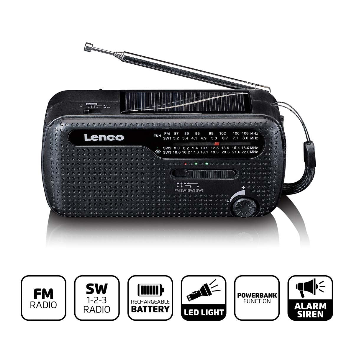 Lenco Portable wind-up Emergency FM Radio, Flashlight and Power bank in one - Black
