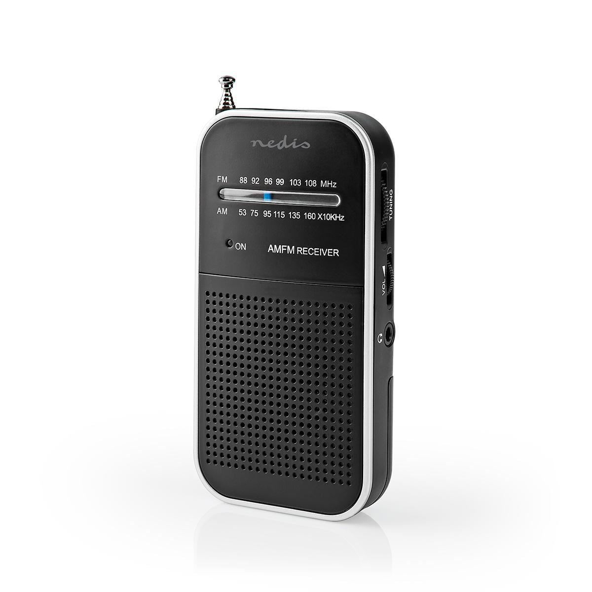 Nedis FM Radio | Portable Design | AM / FM | Battery Powered | Analogue | 1.5 W | Black White Screen | Headphone output | IP20 | Aluminium / Black