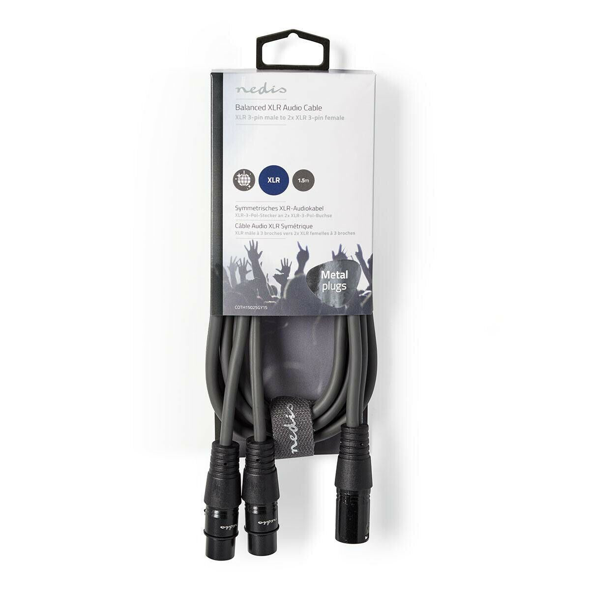 Nedis COTH15025GY15 | Balanced Audio Cable | XLR 3-Pin Male | 2x XLR 3-Pin Female | Nickel Plated | 1.50 m | Round | PVC | Dark Grey | Carton Sleeve