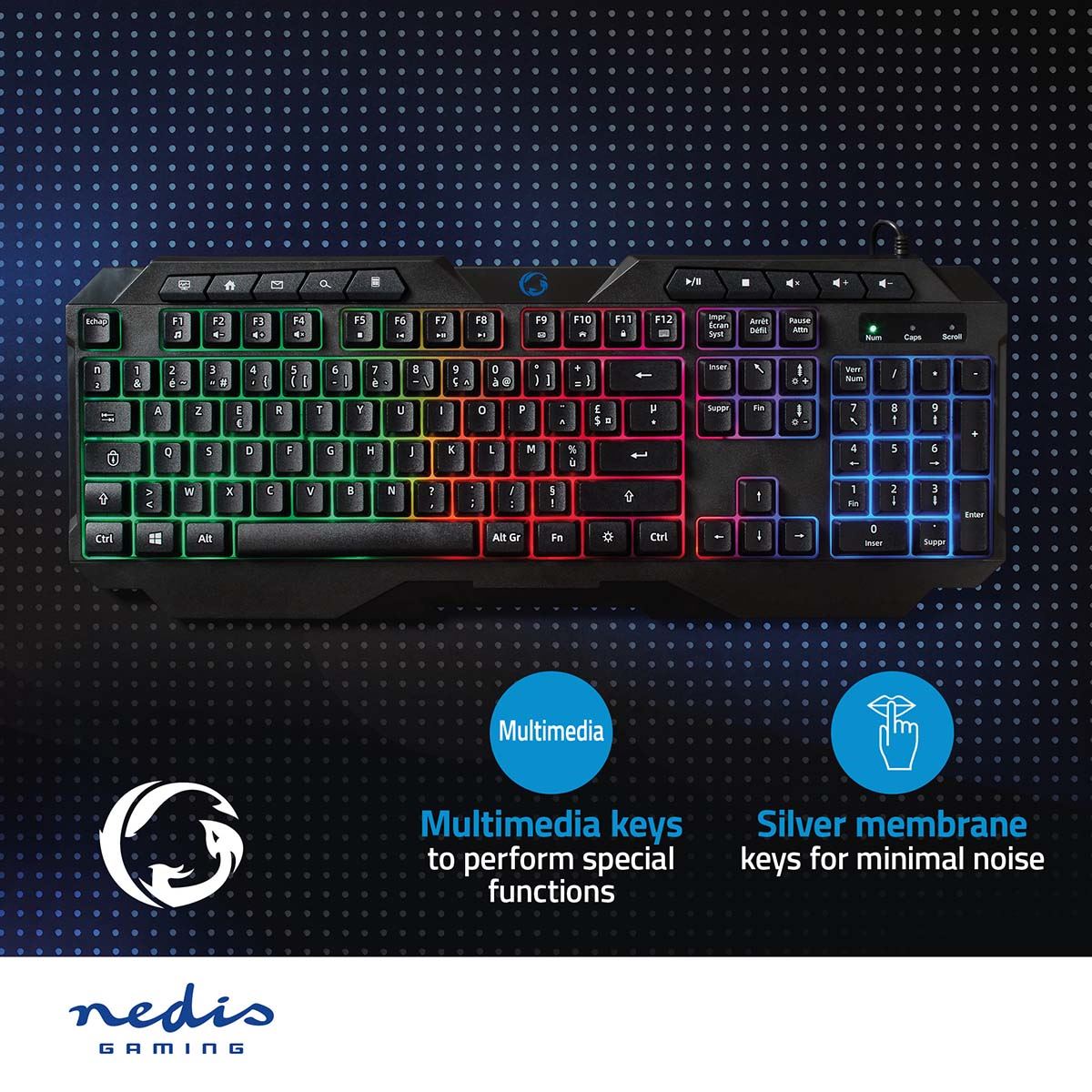 Nedis Wired Gaming Keyboard | USB Type-A | Membrane Keys | LED | AZERTY | FR Layout | USB Powered | Power cable length: 1.30 m | Multimedia