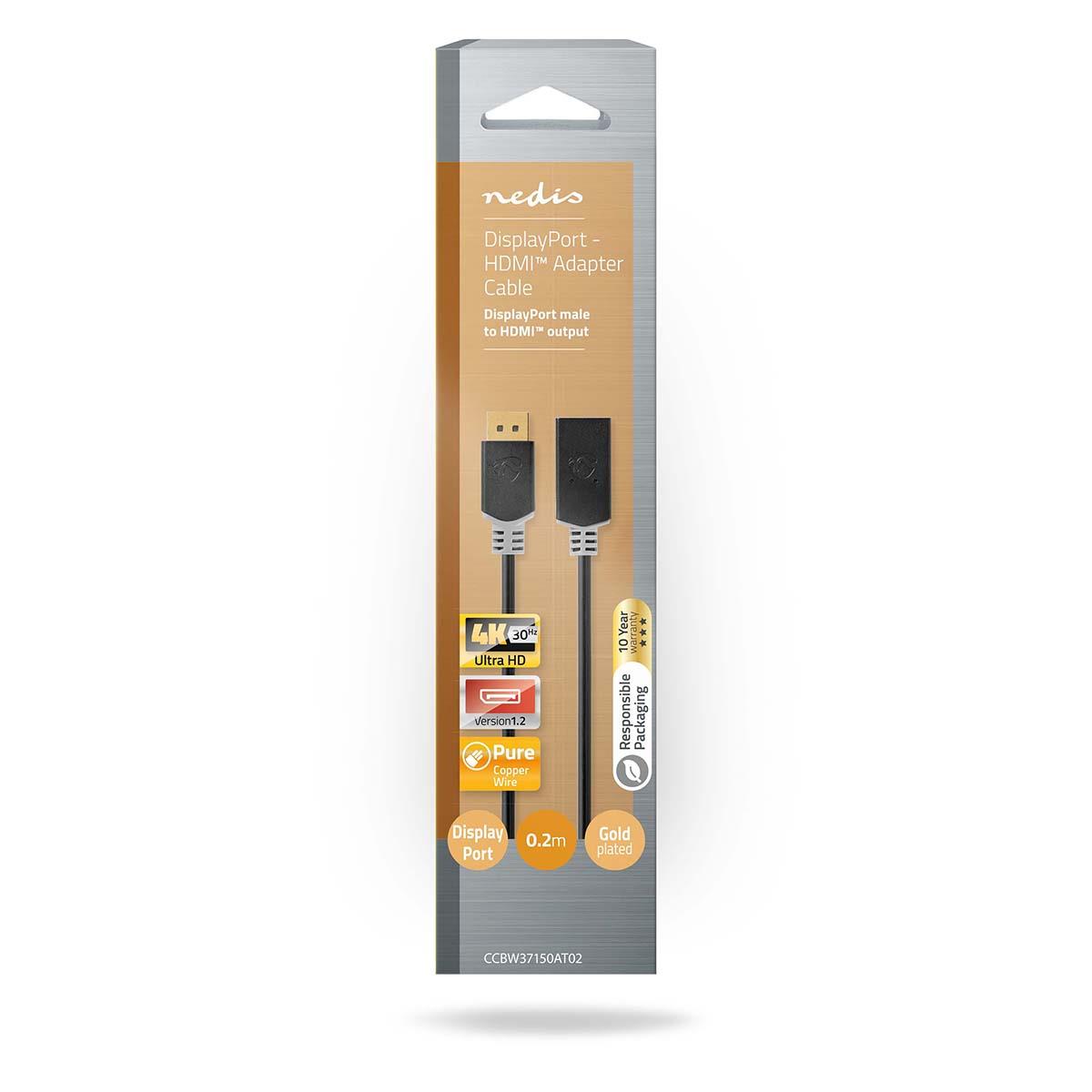 Nedis DisplayPort Cable | DisplayPort Male | HDMI™ Connector | 4K@30Hz | Gold Plated | 0.20 m | Round | PVC | Anthracite | Box