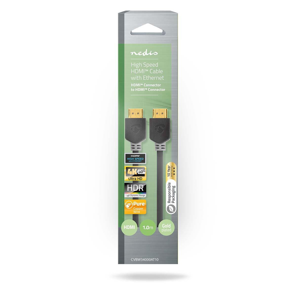 Nedis High Speed HDMI™ Cable with Ethernet | HDMI™ Connector | HDMI™ Connector | 4K@60Hz | ARC | 18 Gbps | 1.00 m | Round | PVC | Anthracite | Box
