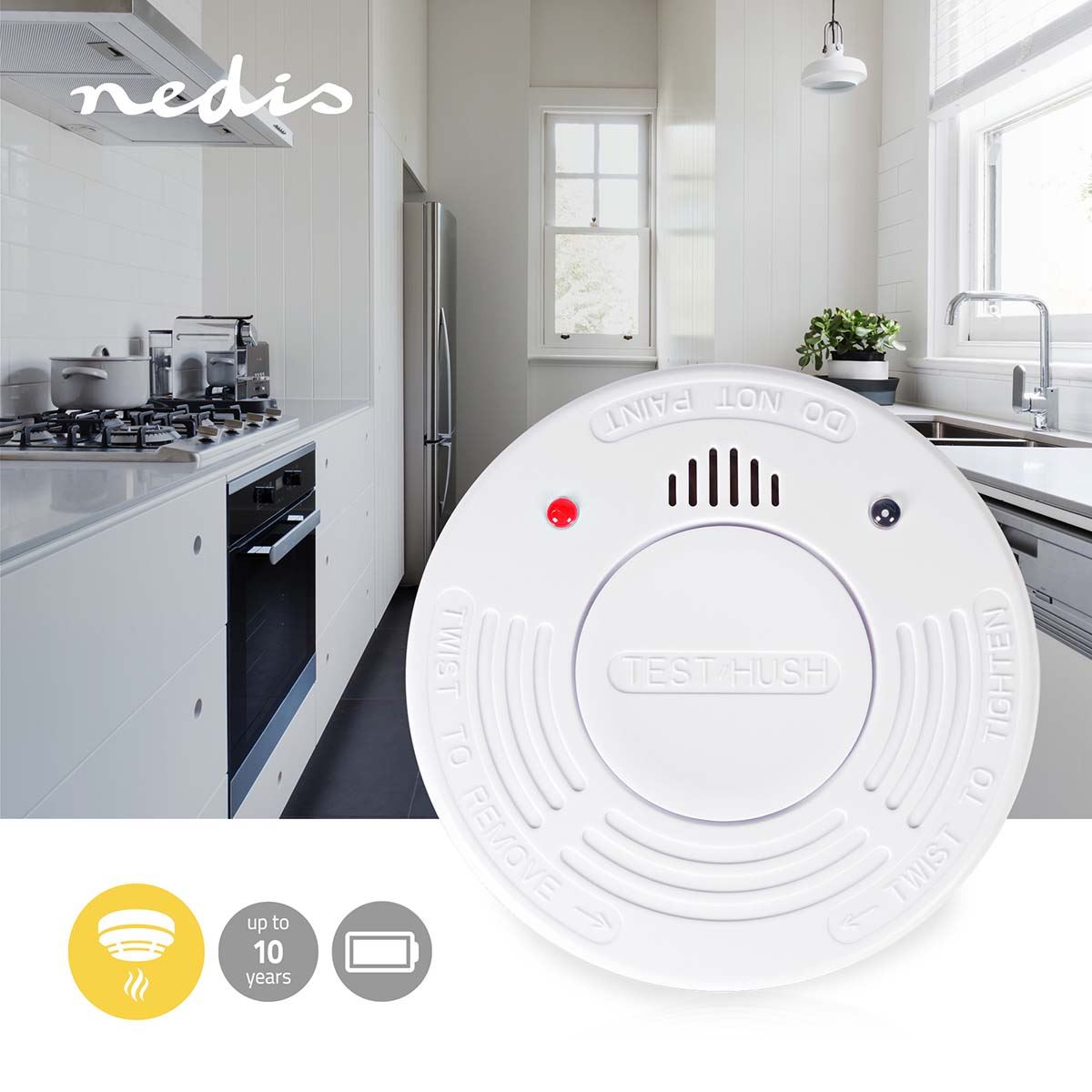 Nedis Smoke Alarm | Battery Powered | Battery life up to: 10 year | EN 14604 | With pause button | With test button | 85 dB | ABS | White
