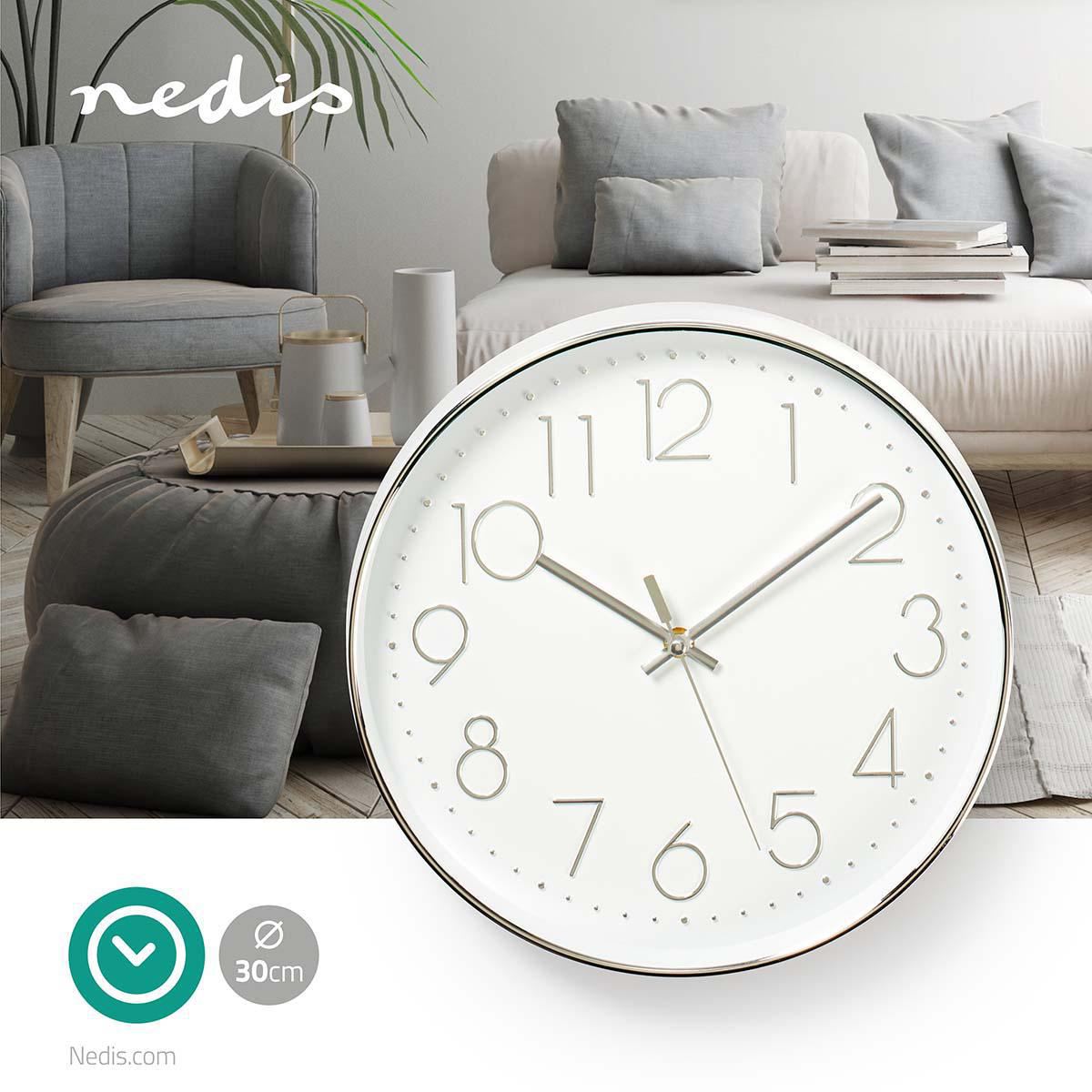 Nedis Wall Clock | Diameter: 300 mm | Plastic | Silver / White