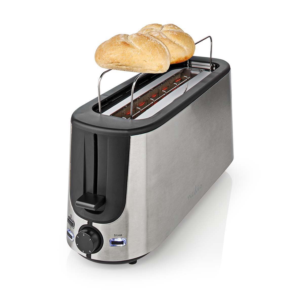 Nedis Toaster | Stainless Steel Series | 2 Bread Slices | 1 Long Slot | Browning levels: 6 | Defrost feature | Bun rack | Aluminium