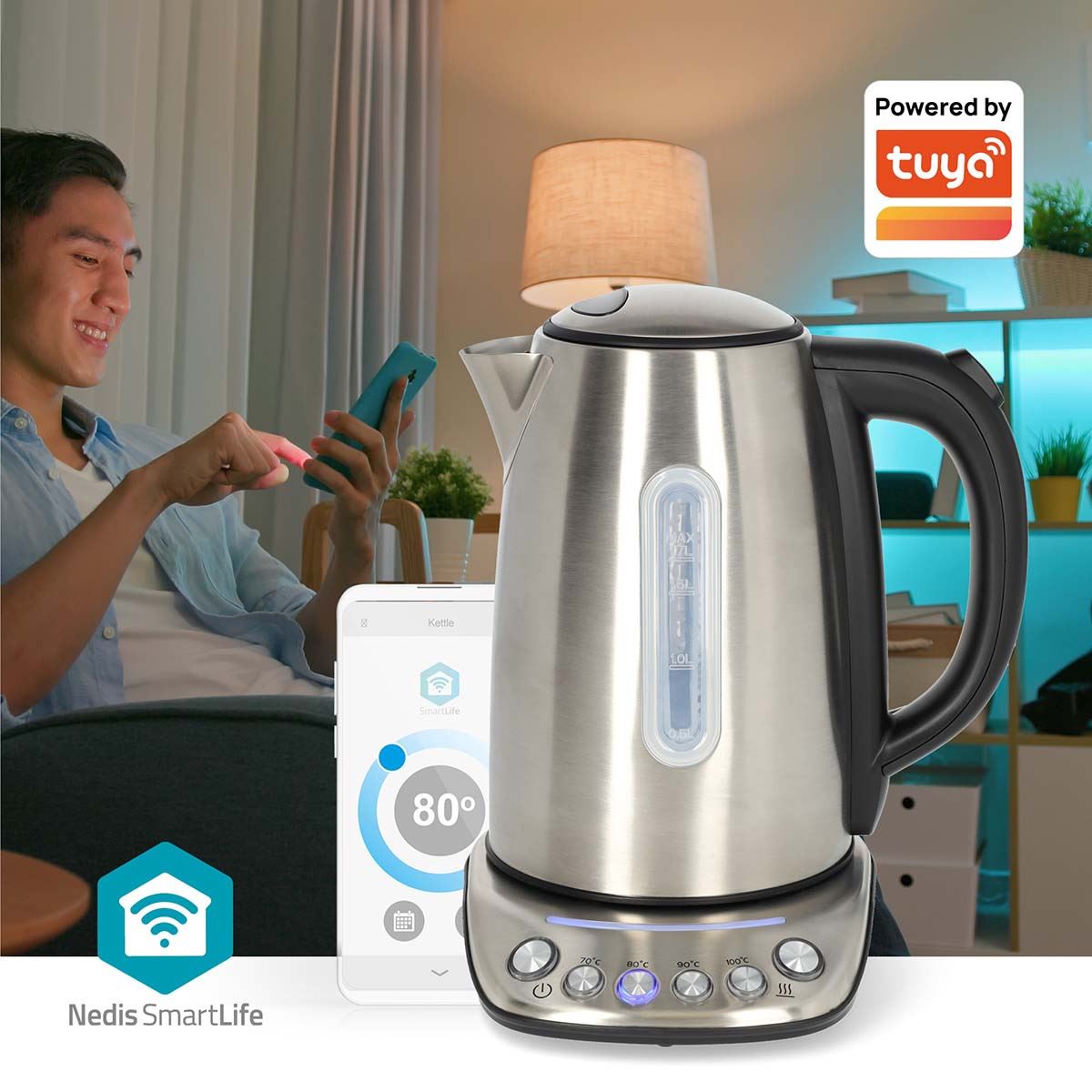Nedis SmartLife Electric Kettle | Wi-Fi | 1.7 l | Stainless Steel | 70,80,90,100 °C | Temperature indicator | Rotatable 360 degrees | Concealed heating element | Strix® controller | Android™ / IOS