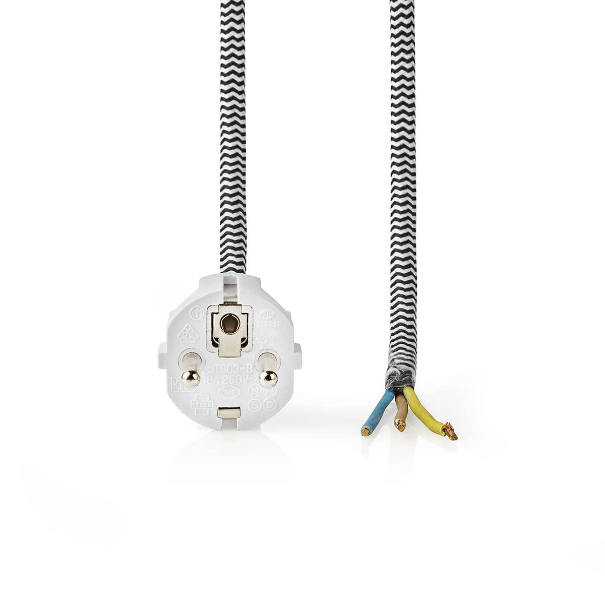 Nedis Power Cable | Plug with earth contact male | Open | Straight | Straight | Nickel Plated | 3.00 m | Round | Cotton | Black / White | Label