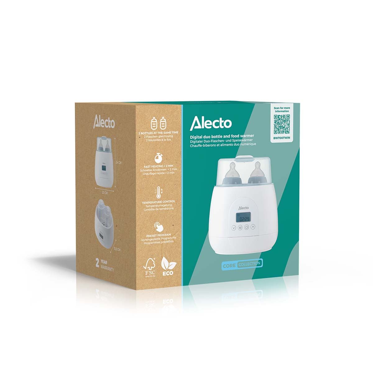 Alecto BW700TWIN | 2 Bottle Warmer, Baby Double Bottle Sterilizer with Digital Display and Temperature Control | White