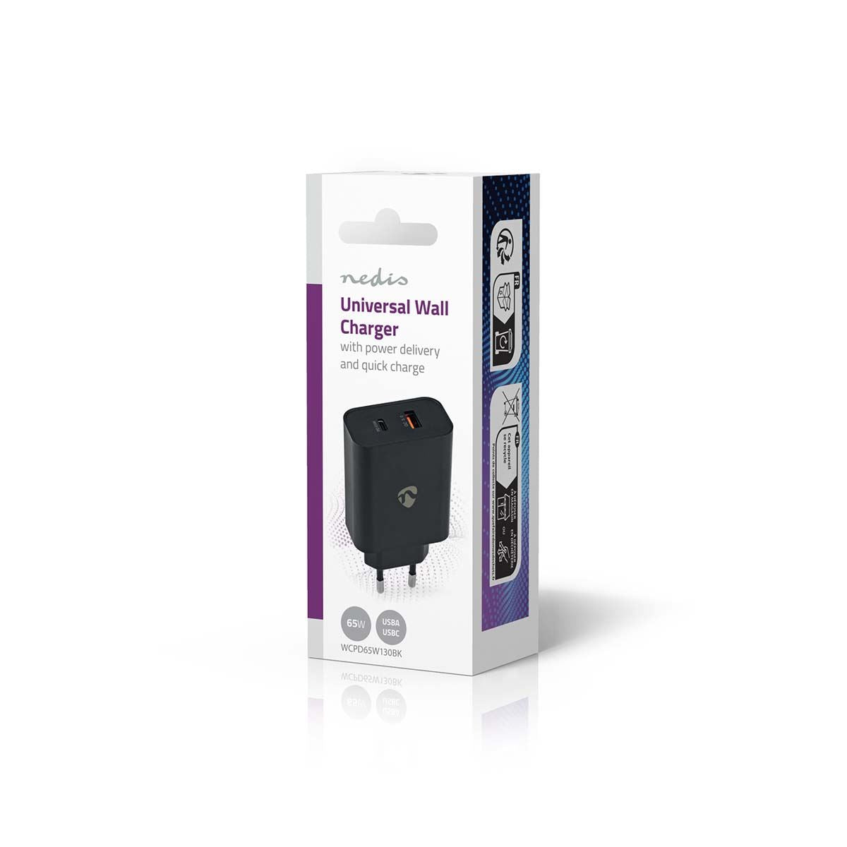 Nedis Wall Charger | 65 W | Quick charge feature | 2.0 / 2.25 / 3.25 A | Number of outputs: 2 | USB-A / USB-C™ | Automatic Voltage Selection | Black