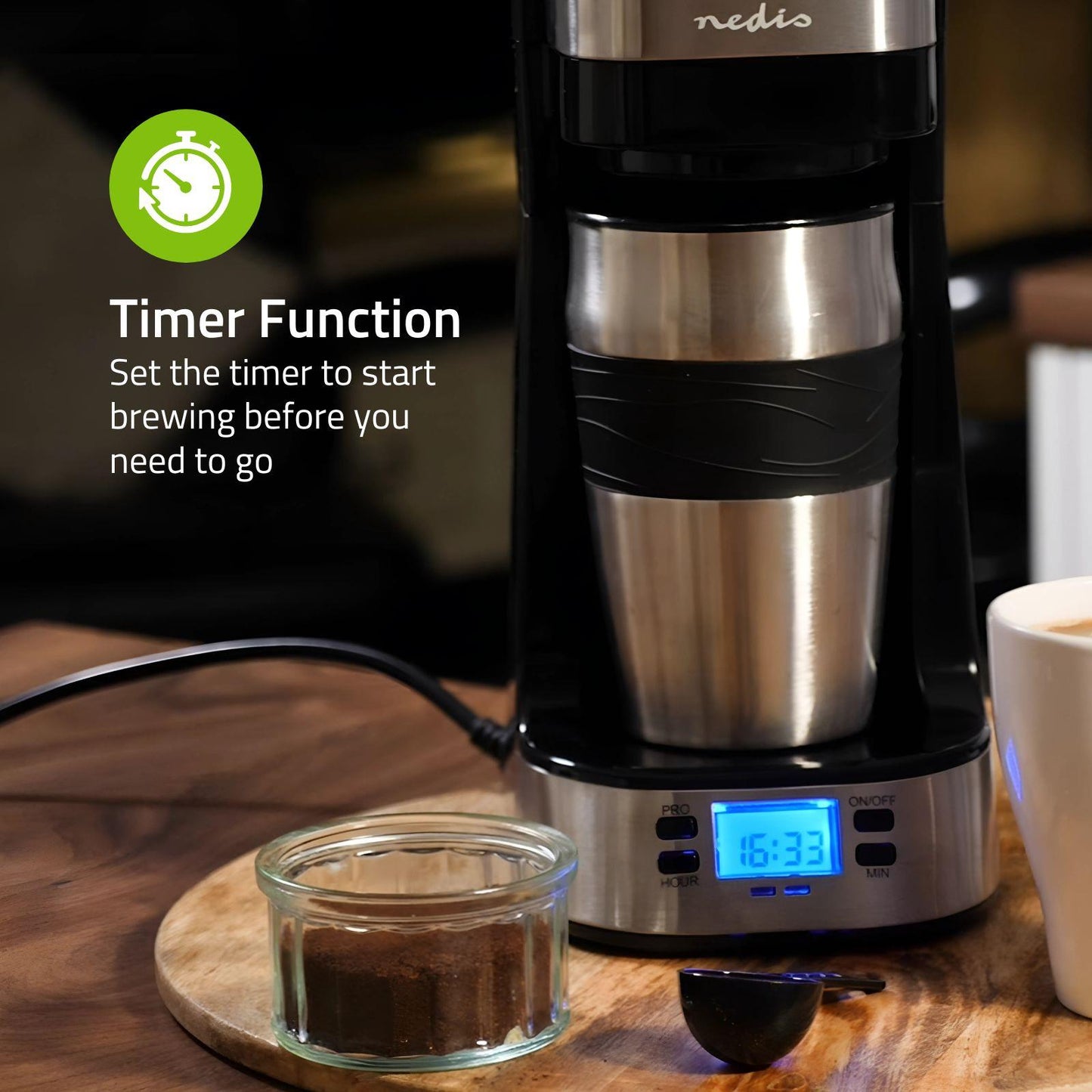 Nedis Coffee Maker | Filter Coffee | 0.4 l | 1 Cups | Switch on timer | Black / Silver