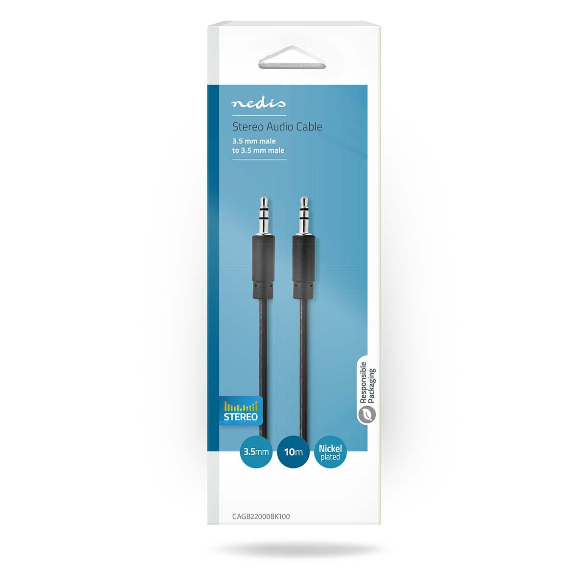 Nedis CAGB22000BK100 | Stereo Audio Cable | 3.5 mm Male | 3.5 mm Male | Nickel Plated | 10.0 m | Round | Black | Blister