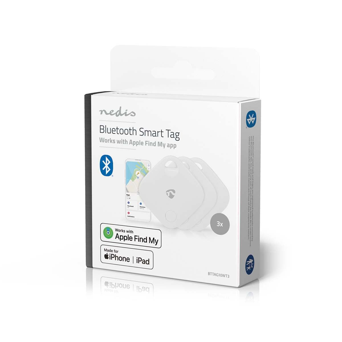 Nedis Key Finder | Compatible with: Apple Find My App | Battery Powered | 3x CR2032 | Batteries included | Bluetooth® version: 5.1 | Battery life up to: 1 year | White | 3 pcs
