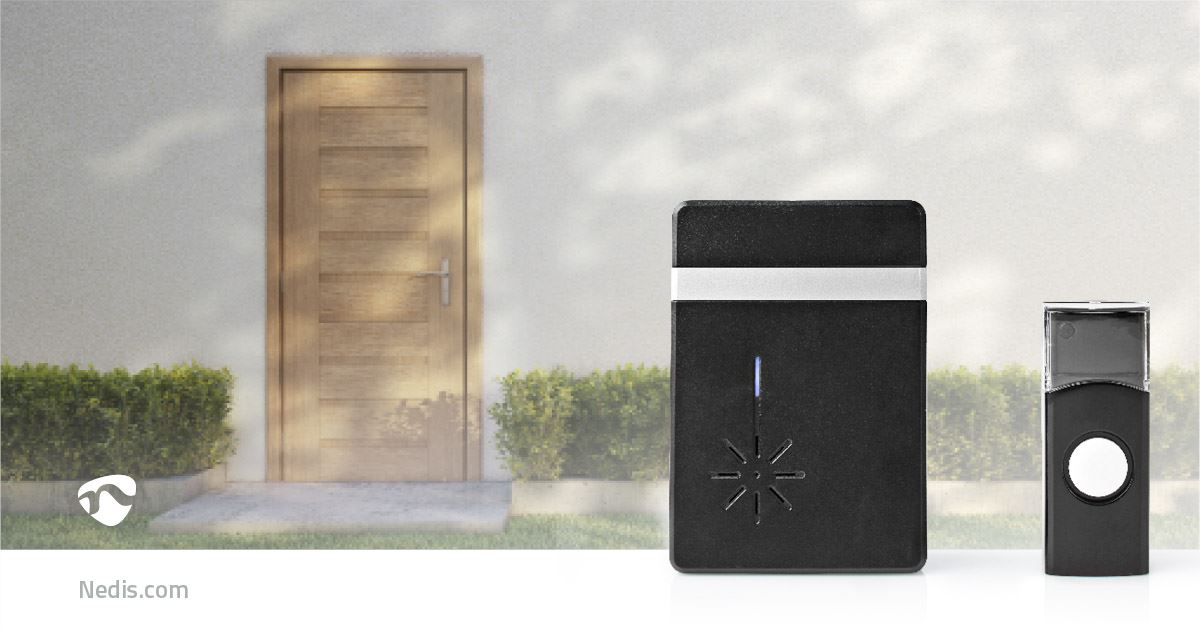 Nedis Wireless Doorbell Set | Battery Powered | 3 V DC | 1x CR2032 | Volume: 80 dB | Signal range: 300 m | IP44 | 36 Melodies | 1 Receiver | Black