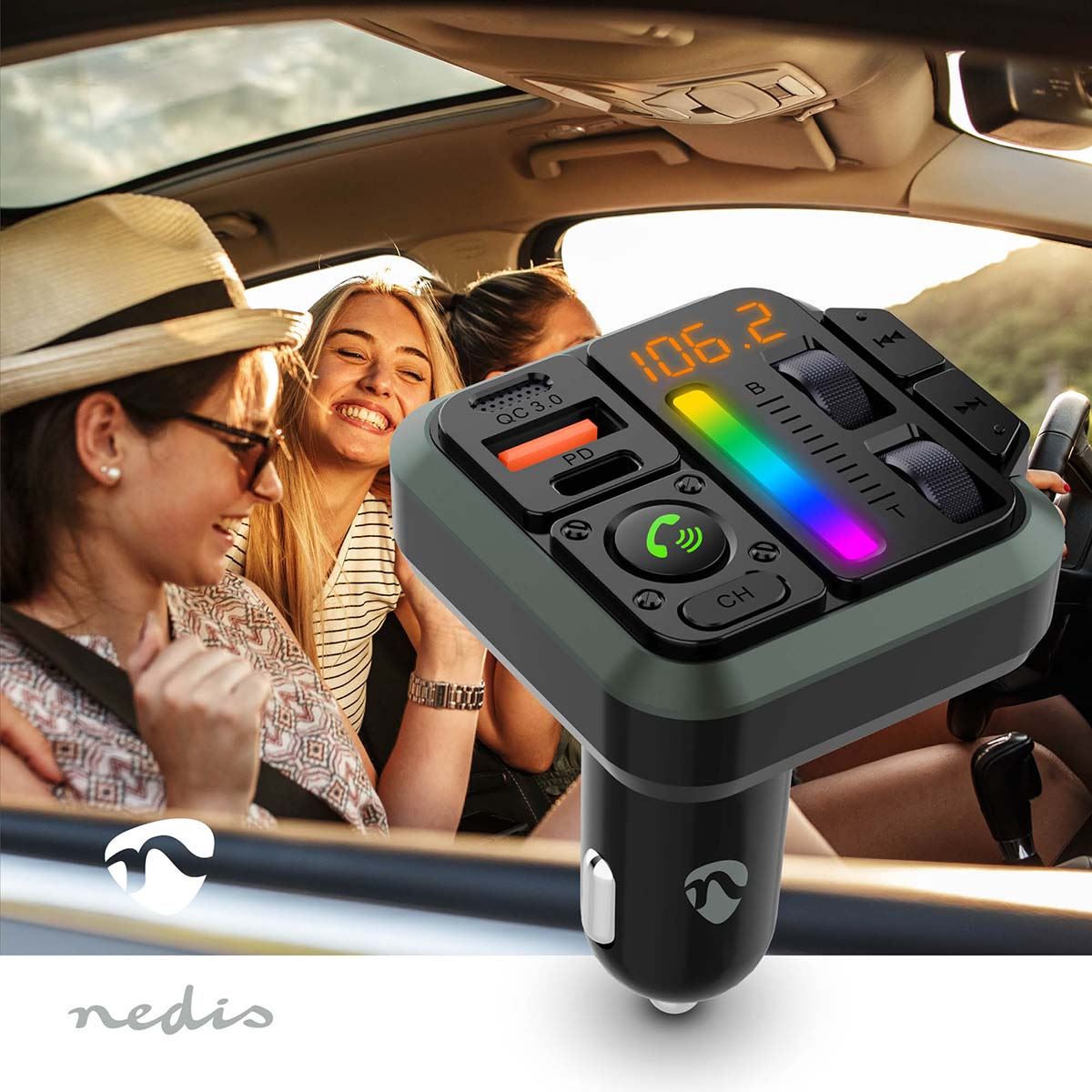 Nedis Car FM Transmitter | Fixed | Hands free calling | 1 " | Amber Screen | Bluetooth® | PD 18 W / PD 24 W | Fast charging | Bass boost | Google Assistant / Siri | Black