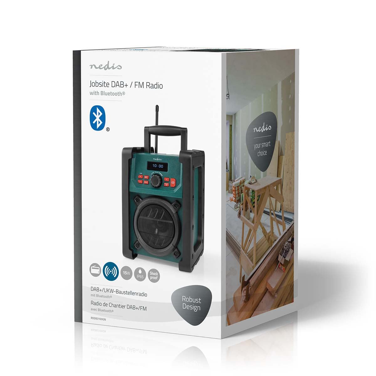 Nedis DAB+ Radio | Jobsite Radio | DAB+ / FM | 2.2 " | Black White Screen | Battery Powered / Mains Powered | Digital | 15 W | Bluetooth® | Alarm clock | Sleep timer | IP65 | Carrying handle | Black / Green