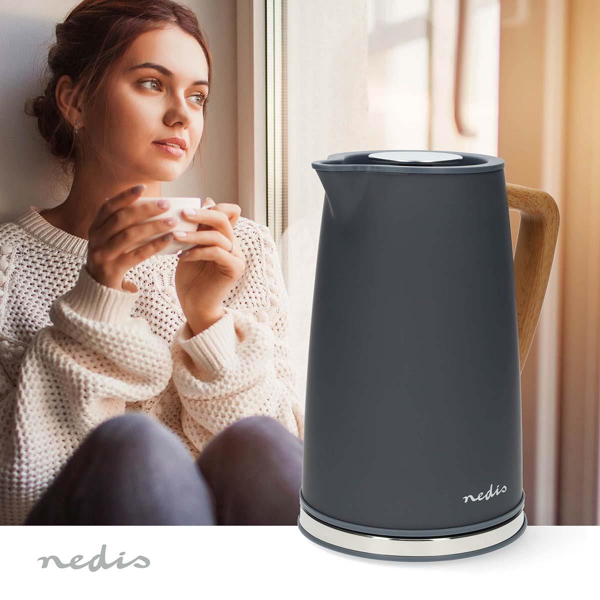Nedis Electric Kettle | 1.7 l | Soft-Touch | Grey | Rotatable 360 degrees | Concealed heating element | Strix® controller | Boil-dry protection