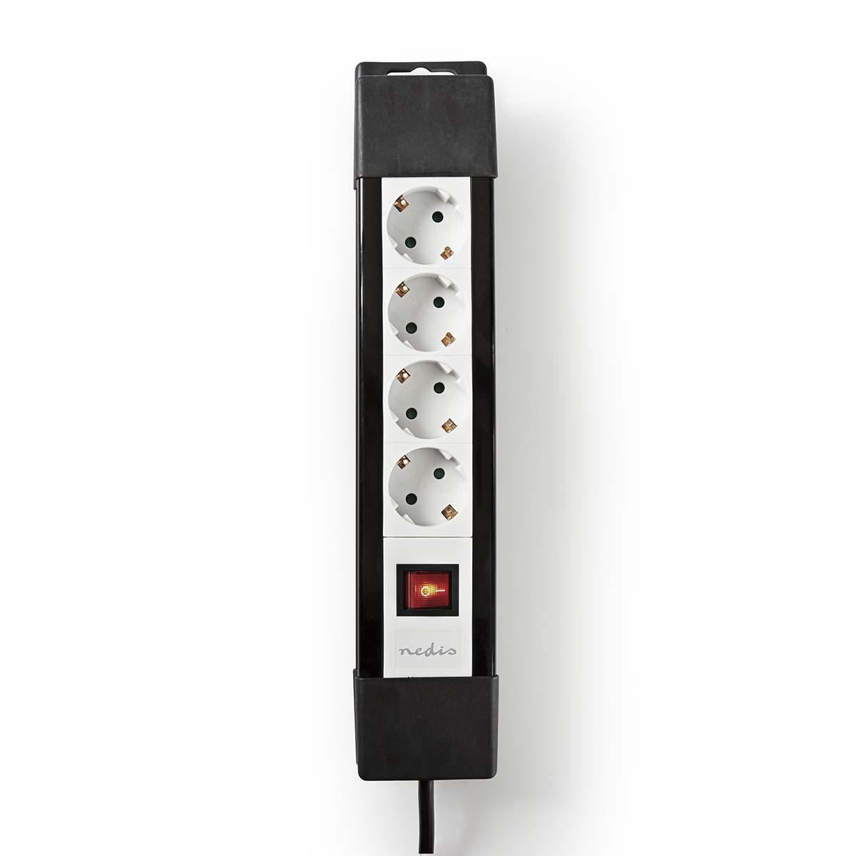Nedis Extension Socket | Type F (CEE 7/7) | 4-Way | 3.00 m | 3680 W | 16 A | Kind of grounding: Side Contacts | 230 V AC 50/60 Hz | Socket angle: 45 ° | H05VV-F 3G1.5mm² | On/Off switch | Black / White
