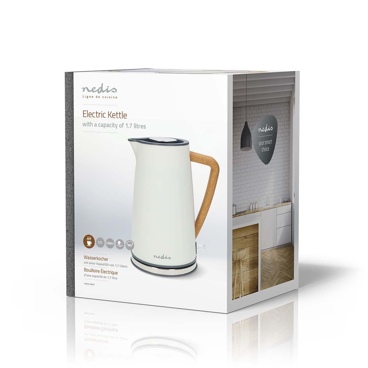 Nedis Electric Kettle | 1.7 l | Soft-Touch | White | Rotatable 360 degrees | Concealed heating element | Strix® controller | Boil-dry protection