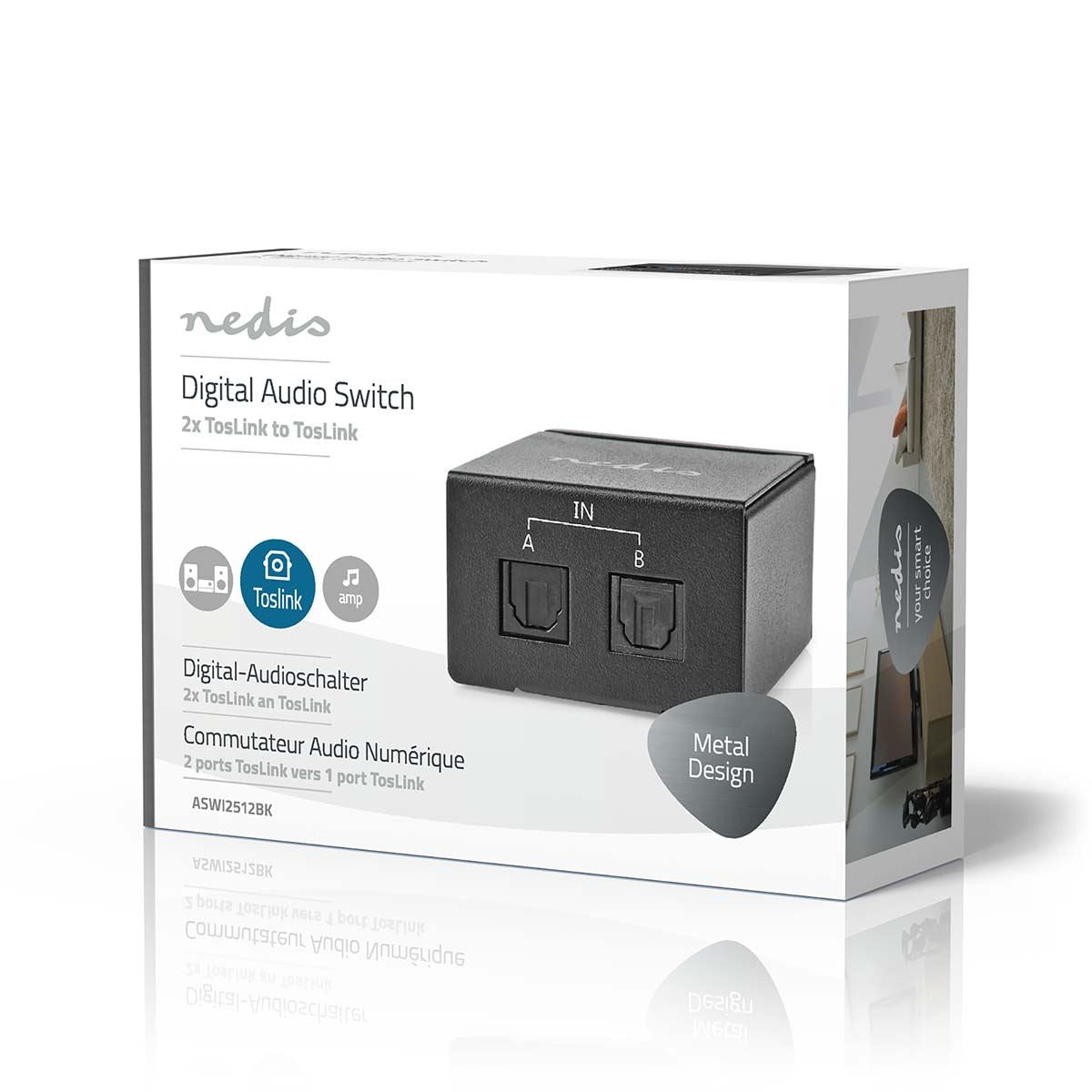 Nedis Digital Audio Switch | 2-way | Connection input: DC Power / 2x TosLink | Connection output: TosLink Female | Manual / Switch | Metal | Black