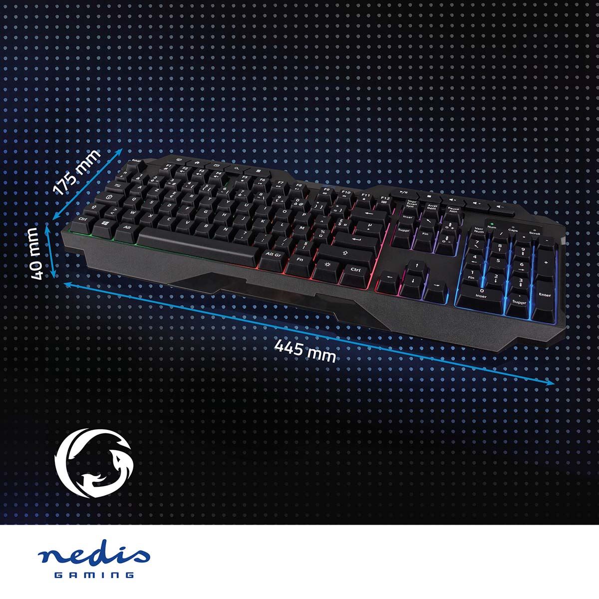 Nedis Wired Gaming Keyboard | USB Type-A | Membrane Keys | LED | AZERTY | FR Layout | USB Powered | Power cable length: 1.30 m | Multimedia