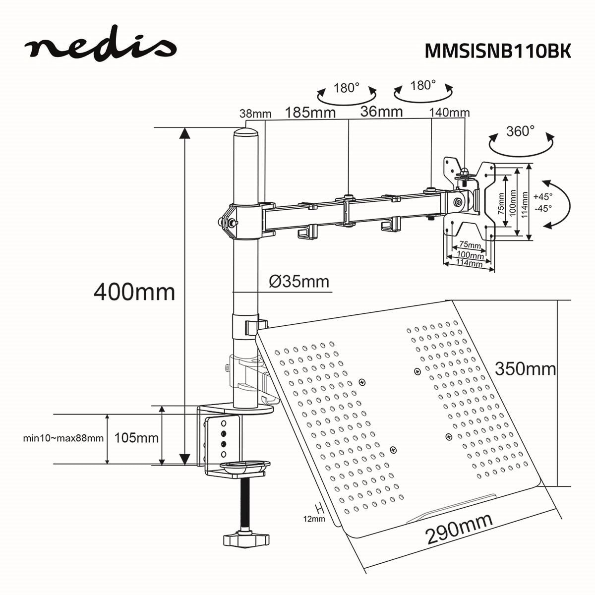 Nedis Desk Monitor Mount | Notebook | 1 Screen | 15 - 32 " | 75x75 / 100x100 | Interactive