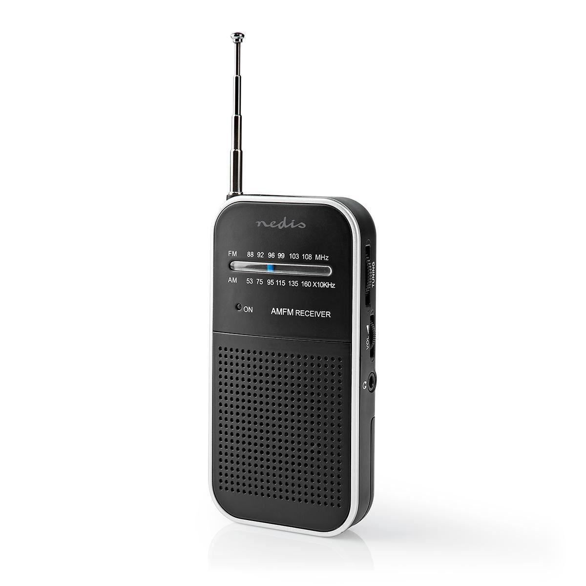 Nedis FM Radio | Portable Design | AM / FM | Battery Powered | Analogue | 1.5 W | Black White Screen | Headphone output | IP20 | Aluminium / Black