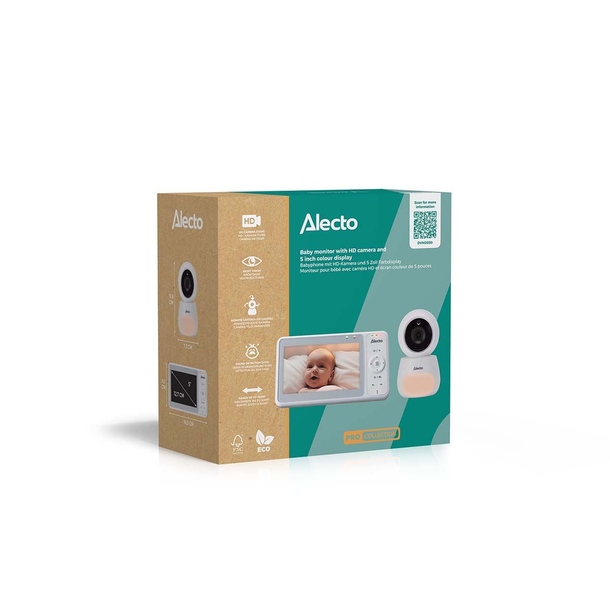 Alecto DVM2050 | Baby Monitor with Camera 5.0-inch Display - Night vision, Night Light, Temperature Display, 16 hours Standby Time | White / Grey