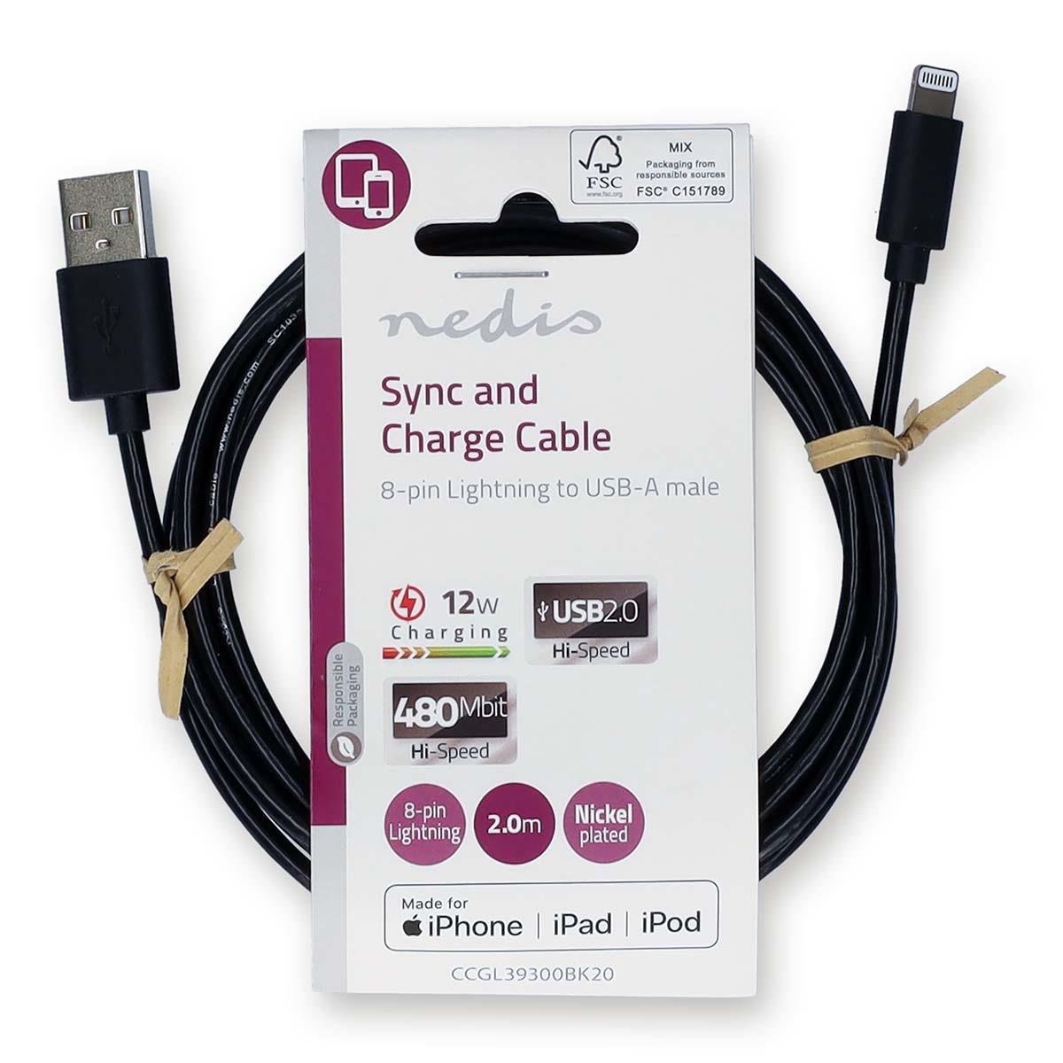 Nedis Lightning Cable | USB 2.0 | Apple Lightning 8-Pin | USB-A Male | 480 Mbps | Nickel Plated | 2.00 m | Round | PVC | Black | Label