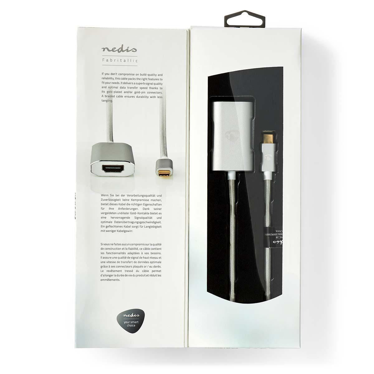 Nedis USB-C™ Adapter | USB 3.2 Gen 1 | USB-C™ Male | HDMI™ Output | 4K@60Hz | Power delivery | 2.00 m | Round | Gold Plated | Braided / Nylon | Silver | Cover Window Box