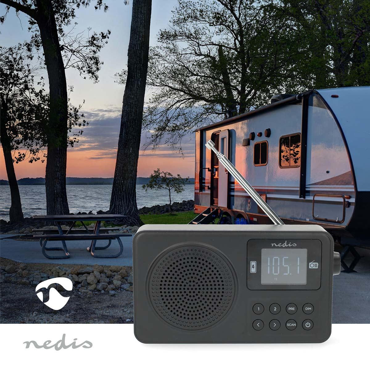 Nedis FM Radio | Portable Design | FM | Battery Powered / USB Powered | Digital | 2 W | Screen size: 1.77 " | Black White Screen | Bluetooth® | Headphone output | Alarm clock | Black
