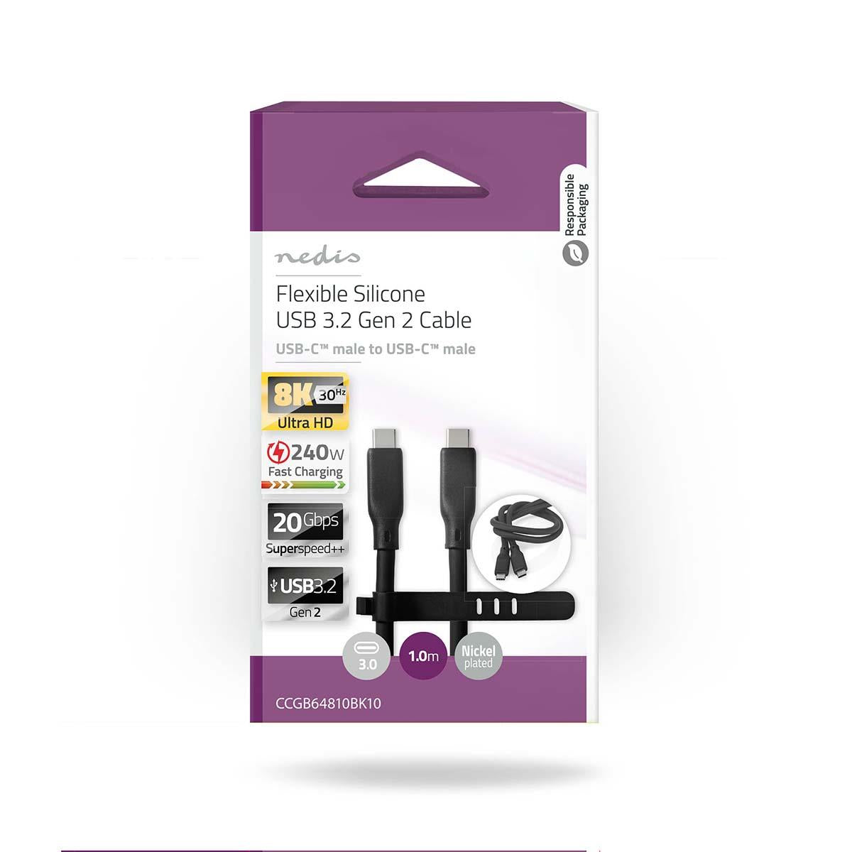 Nedis USB Cable | USB 3.2 Gen 2 | USB-C™ Male | USB-C™ Male | 240 W | 8K@30Hz | 20 Gbps | Nickel Plated | 1.00 m | Round | Silicone | Black | Box