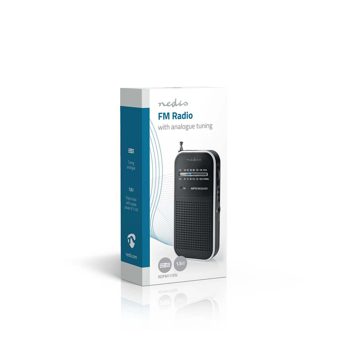 Nedis FM Radio | Portable Design | AM / FM | Battery Powered | Analogue | 1.5 W | Black White Screen | Headphone output | IP20 | Aluminium / Black