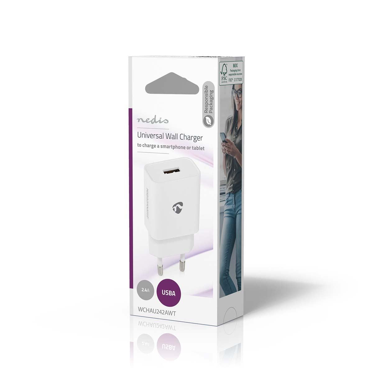 Nedis Wall Charger | 12 W | Quick charge feature | 1x 2.4 A | Number of outputs: 1 | USB-A | No Cable Included | Single Voltage Output | White