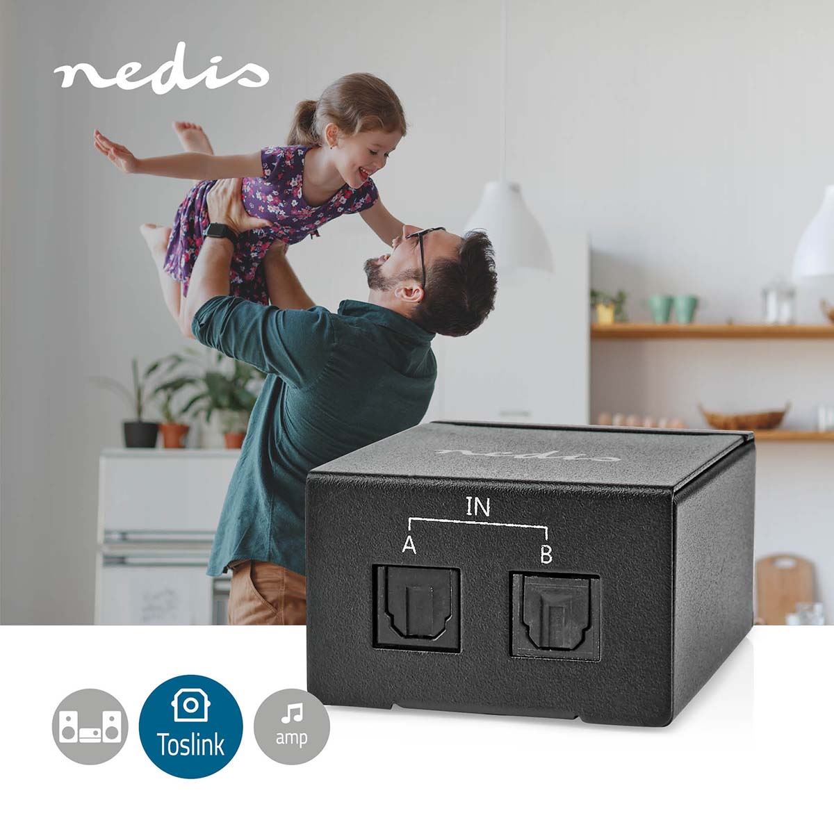 Nedis Digital Audio Switch | 2-way | Connection input: DC Power / 2x TosLink | Connection output: TosLink Female | Manual / Switch | Metal | Black