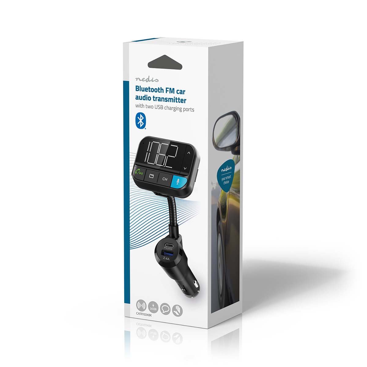 Nedis Car FM Transmitter | Gooseneck | Hands free calling | 2 " | Black White Screen | Bluetooth® | PD 20 W / QC 3.0 | Fast charging | Bass boost | Google Assistant / Siri | Black