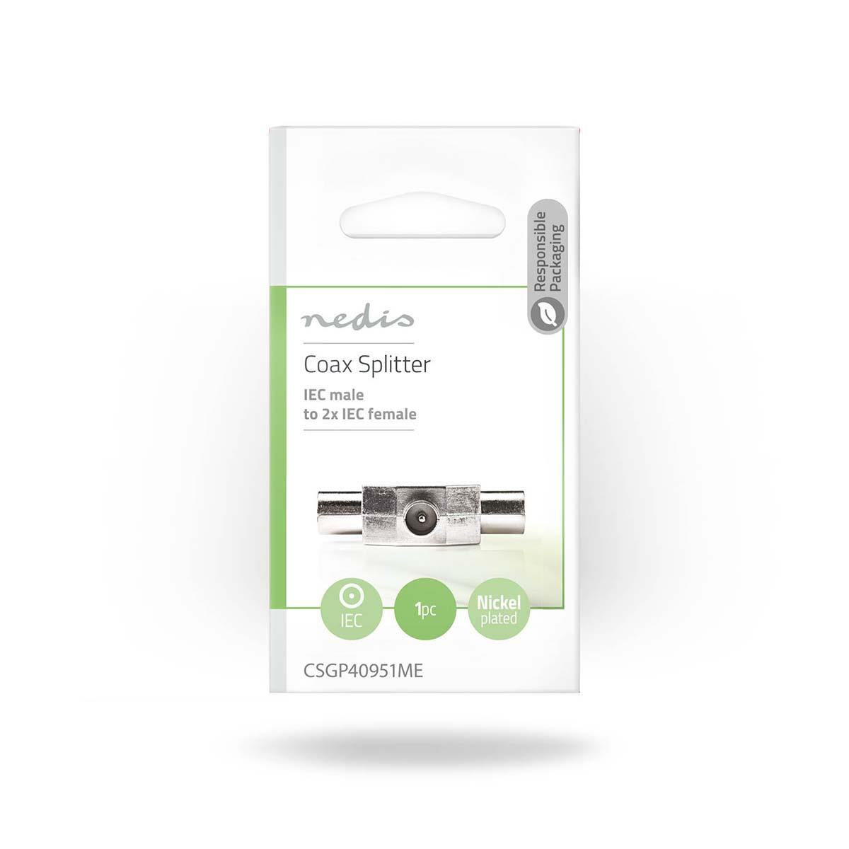 Nedis Satellite & Antenna Adapter | IEC (Coax) Male | 2x Coax Female | Nickel Plated | 75 Ohm | T-Splitter | Metal | Silver | 1 pcs | Box