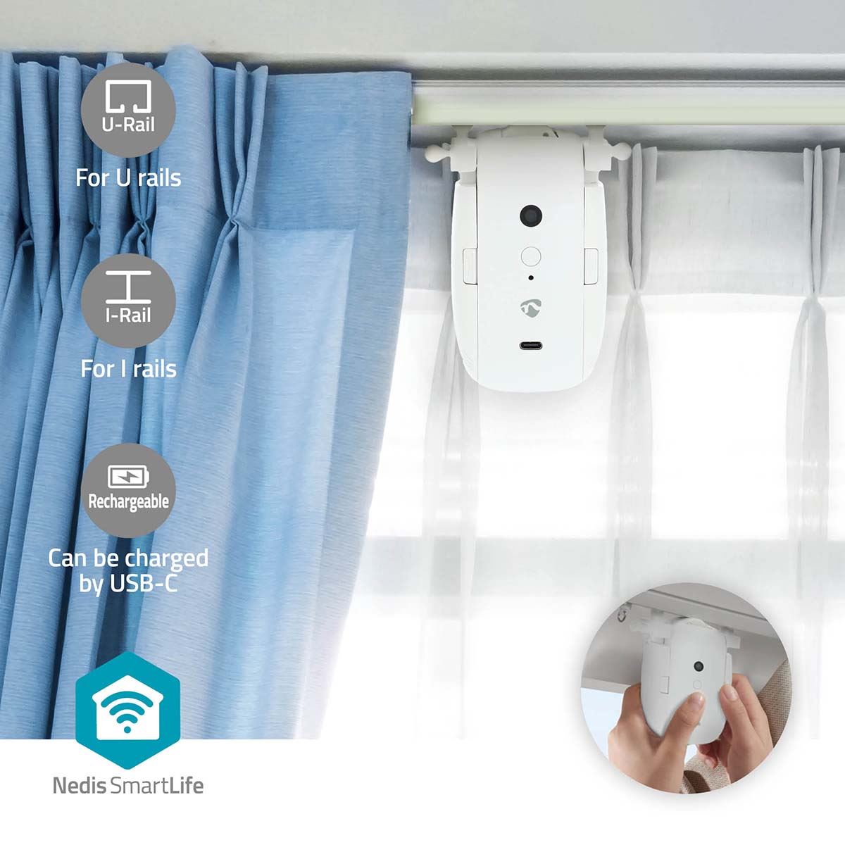 Nedis SmartLife Curtain Robot | I Rail / U Rail | Curtains / Drapes | Battery Powered / USB Powered | 4000 mAh | Bluetooth® | White