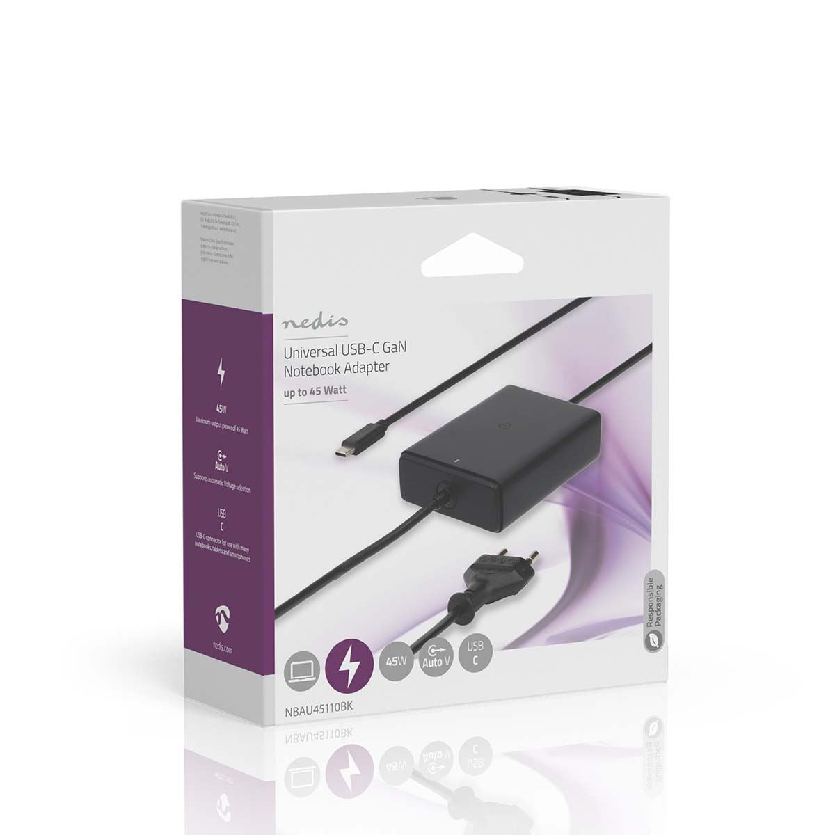 Nedis Notebook Adapter | GaN | 45 W | 5 / 9 / 12 / 15 / 20 V DC | 2.25 / 2.33 / 2.92 / 3.0 A | Used for: Notebook / Smartphone / Tablet | Euro / Type-C (CEE 7/16)
