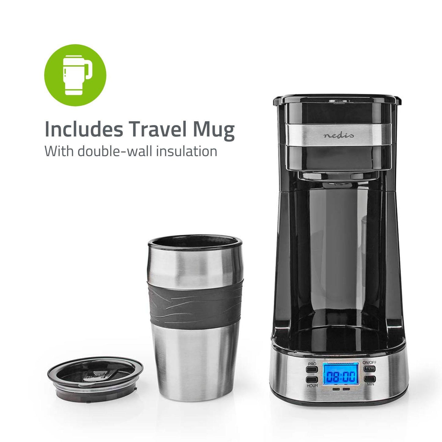 Nedis Coffee Maker | Filter Coffee | 0.4 l | 1 Cups | Switch on timer | Black / Silver