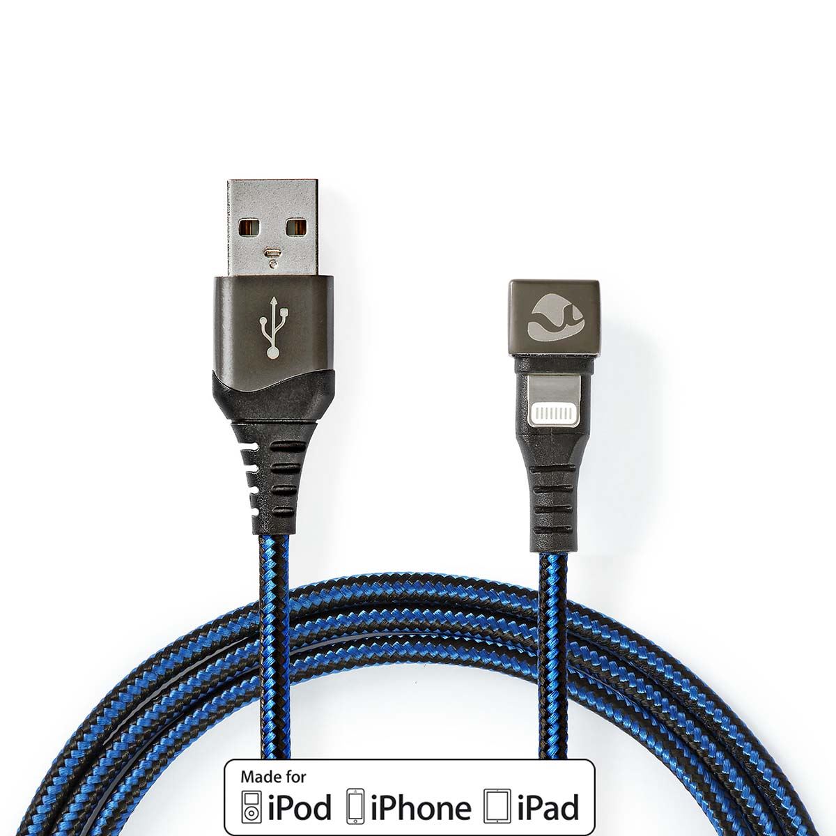 Nedis USB Cable | USB 2.0 | Apple Lightning 8-Pin | USB-A Male | 12 W | 480 Mbps | Nickel Plated | 1.00 m | Round | Braided / Nylon | Black / Blue | Cover Window Box