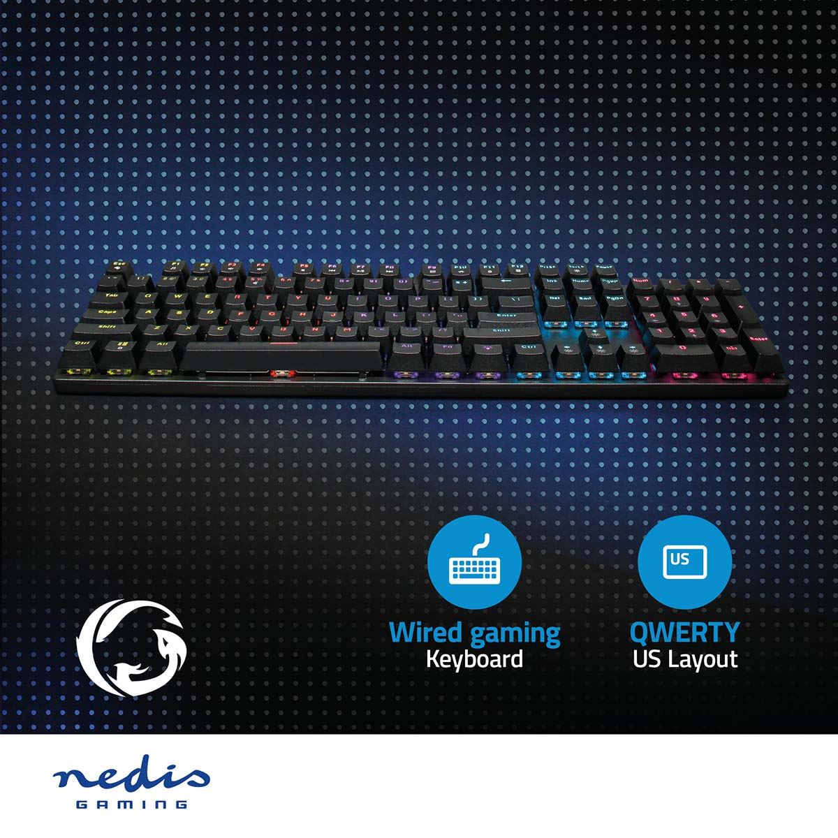Nedis Wired Gaming Keyboard | USB Type-A | Mechanical Keys | LED | QWERTY | US Layout | USB Powered | Power cable length: 1.50 m | Gaming
