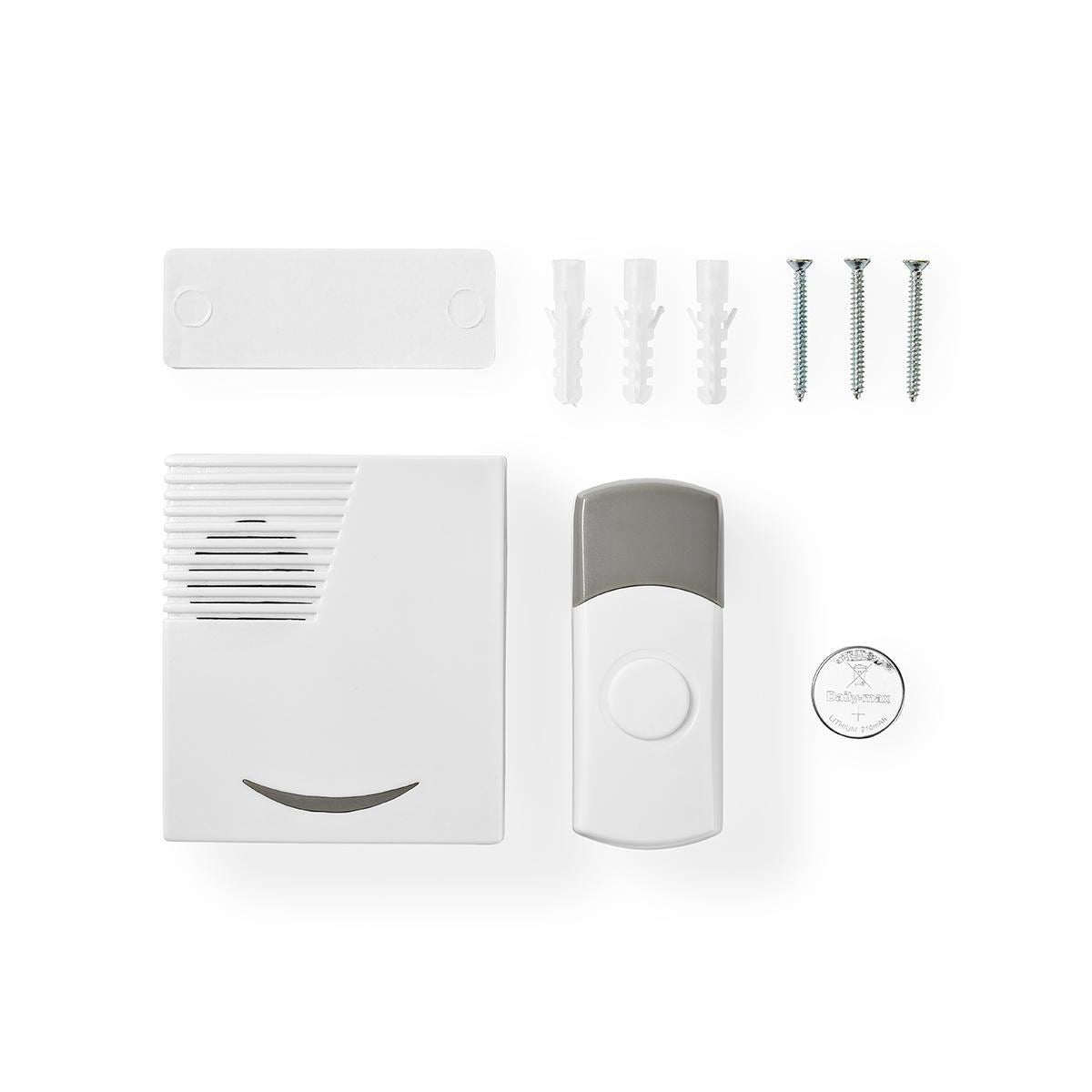 Nedis Wireless Doorbell Set | Battery Powered | 3 V DC | 1x CR2032 | Volume: 80 dB | Signal range: 300 m | IP44 | 36 Melodies | 1 Receiver | Grey / White