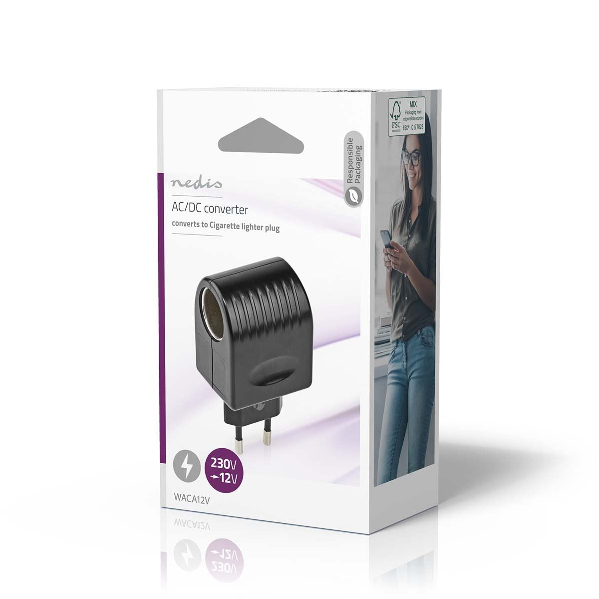 Nedis Power Socket Adapter | Type C (CEE 7/16) | 100 - 240 V AC 50/60 Hz | 12 V DC | 6 W | Mains Powered | 0.3 A | Black | Plastic