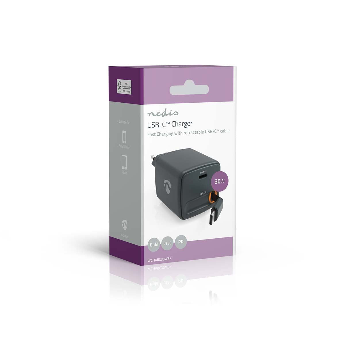 Nedis WCHARC30WBK | Wall Charger | With Retractable Cable | 30 W | GaN | PD3.0 30W | 1.5 / 2.0 / 2.5 / 3.0 A | Number of outputs: 1 | USB-C™ | USB-C™ Retractable Cable | 0.75 m | Automatic Voltage Selection | Black