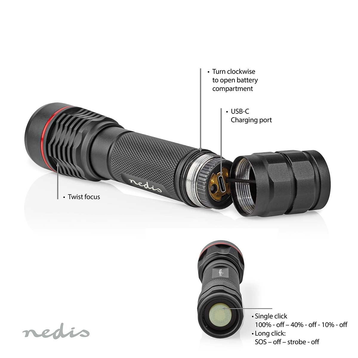 Nedis LED Torch | Battery Powered | 3.7 V DC | 10 W | N/A | Batteries included | Rechargeable | Rated luminous flux: 1000 lm | Light range: 200 m | Beam angle: 10 °