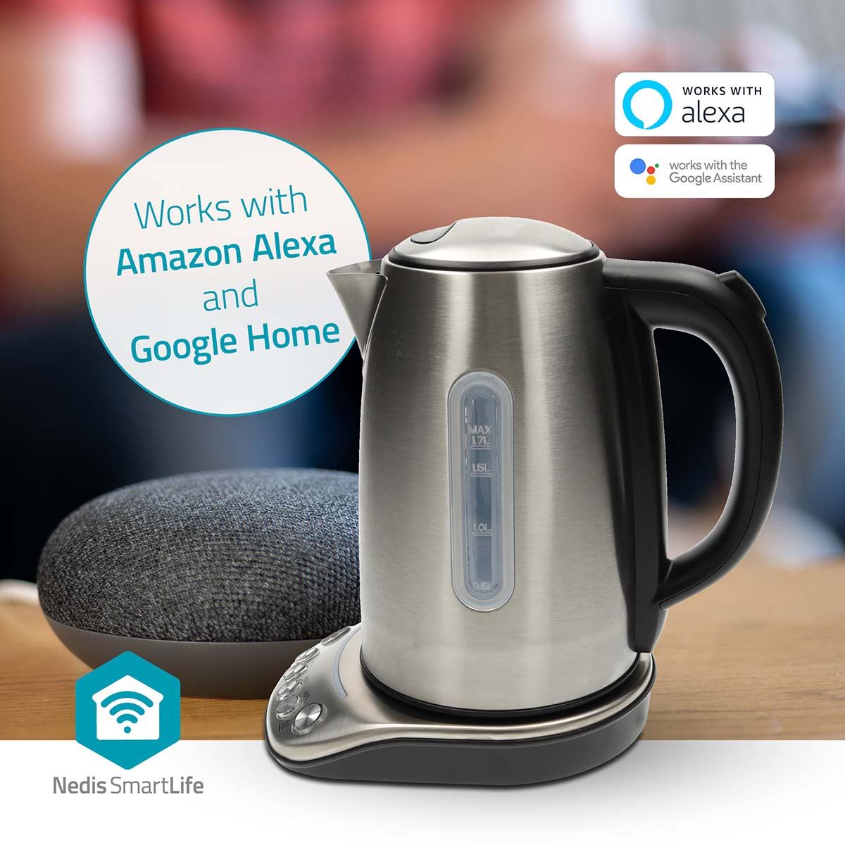 Nedis SmartLife Electric Kettle | Wi-Fi | 1.7 l | Stainless Steel | 70,80,90,100 °C | Temperature indicator | Rotatable 360 degrees | Concealed heating element | Strix® controller | Android™ / IOS