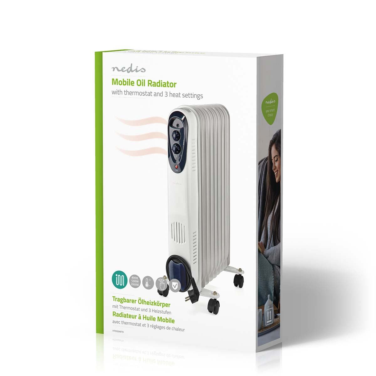 Nedis Mobile Oil Radiator | 800 / 1200 / 2000 W | 9 Fins | Adjustable thermostat | 3 Heat Settings | Fall over protection | White