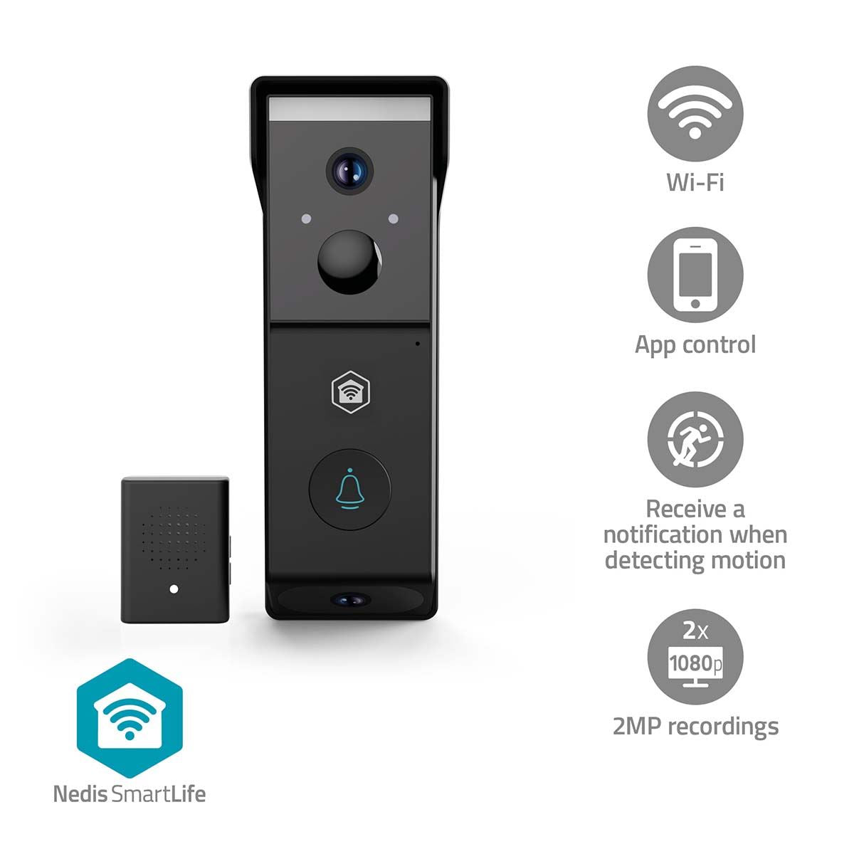 Nedis SmartLife Video Doorbell | Wi-Fi | Battery Powered | Full HD 1080p | Cloud Storage (optional) / microSD (not included) | IP54 | With motion sensor | Night vision | Black